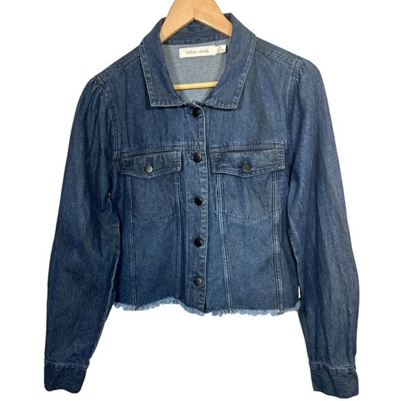 BISHOP + YOUNG Women’s Raw Hem Cropped Denim Jean Jacket Blue Size Medium - Picture 1 of 13